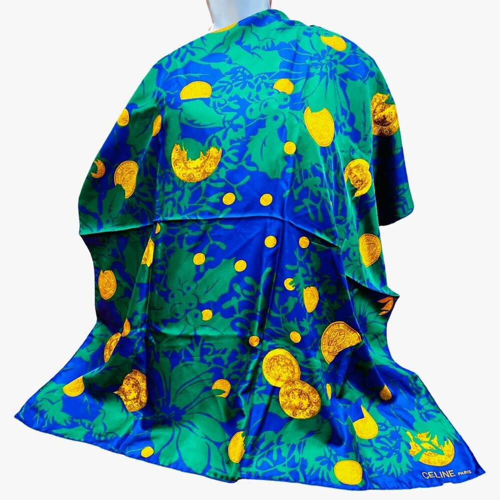 Vgt  Celine Paris 100% Silk Scarf Satin 34"  Green Blue Purple Floral Gold   (38 - Picture 5 of 16